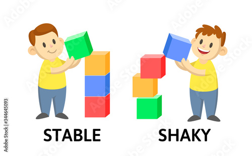 Words STABLE and SHAKY flashcard with text cartoon characters. Opposite adjectives explanation card. Flat vector illustration, isolated on white background.