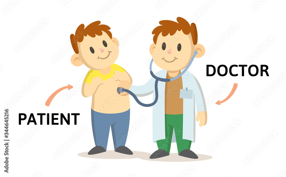 Words PATIENT and DOCTOR flashcard with text cartoon characters. Opposite nouns explanation card. Flat vector illustration, isolated on white background. Words PATIENT and DOCTOR flashcard with text cartoon characters. Opposite nouns explanation card. Flat vector illustration, isolated on white background.