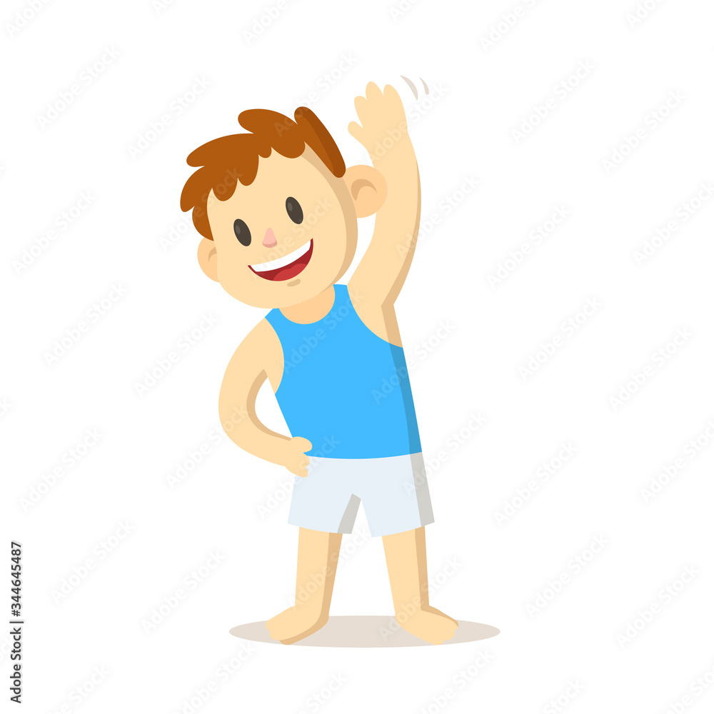 Boy doing morning exercises, daily routine activities. Colorful flat vector illustration, isolated on white background.