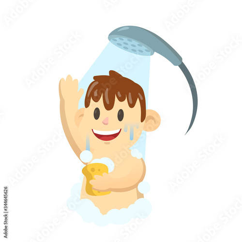 Happy smiling boy tak shower in the bathroom. Colorful flat vector illustration, isolated on white background.