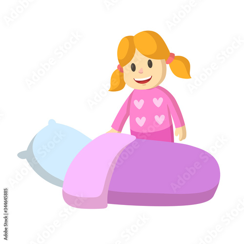Cute smiling little girl going to bed to sleep. Colorful flat vector illustration, isolated on white background.