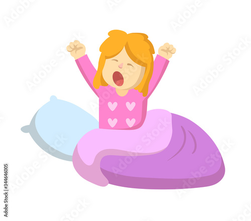 Blonde girl stretching and yawning in her bed after waking up. Colorful flat vector illustration, isolated on white background.
