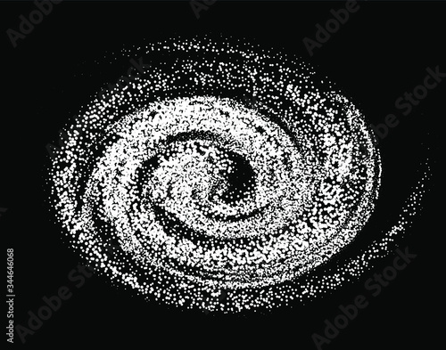 Swirl and spiral made of dots and particles. Graphic vector illustration of black hole in spacetime of helix galaxy.