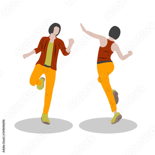 Young happy woman cartoon character dancing or jumping for joy, flat vector illustration isolated on white background.