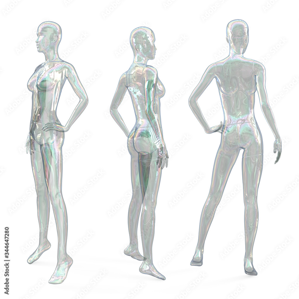 Female transparent multi-colored shiny glass, plastic mannequin. Woman shaped soap bubble. Standing female invisible figure. Back and side view. 3d illustration isolated on a white background.