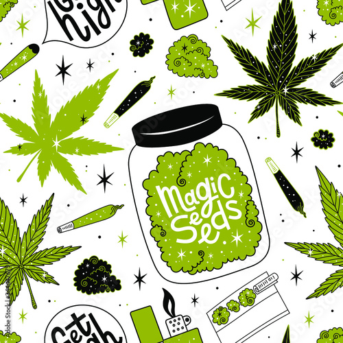 Weed background. Marijuana seamless vector pattern. Drug consumption, cannabis and smoking drugs. Get high. Magic seeds lettering. Fun doodle illustration of smoking equipment.