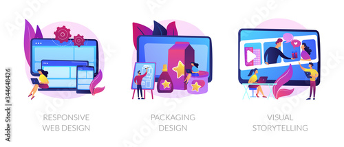 Cross platform development, brand development, content marketing icons set. Responsive web design, packaging design, visual storytelling metaphors. Vector isolated concept metaphor illustrations