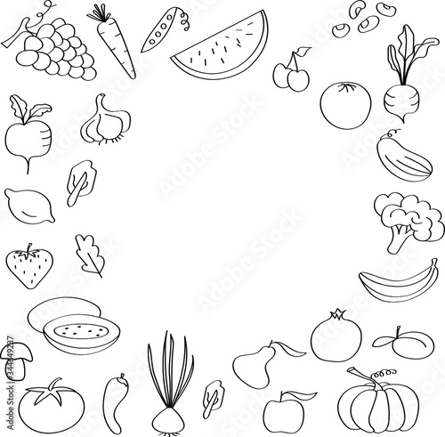 Fruits and vegetables drawn in doodle style, black outline coloring for children's art. Template for wallpaper or web design, vegetarian farming.