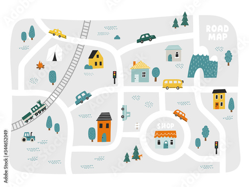 Cute town map for kid's room. Hand drawn vector illustration. Nursery concept for bedding, poster