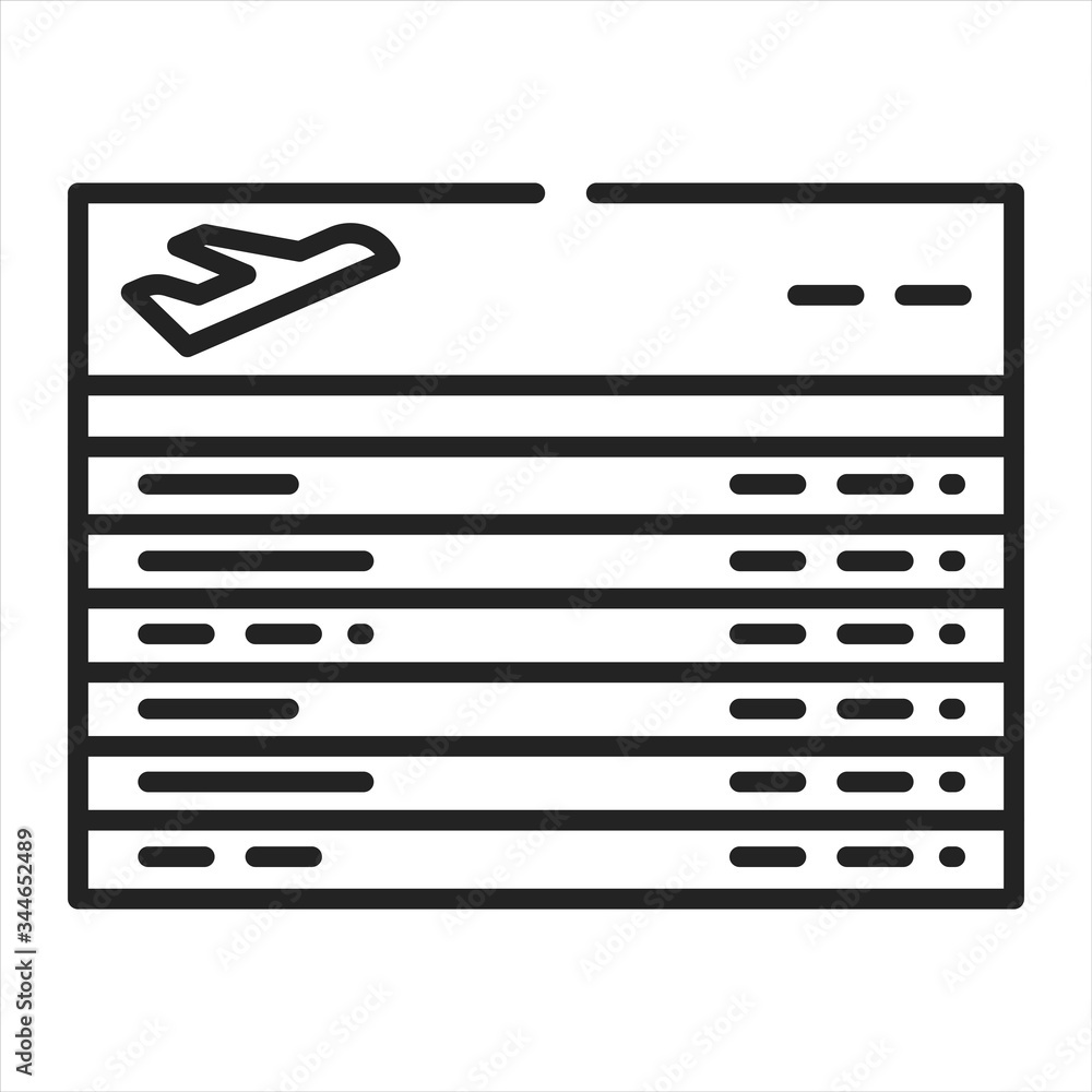 Departures board black line icon. Board in the airport with current status of flights. Pictogram for web page, mobile app, promo. UI UX GUI design element. Editable stroke. Departures board black line icon. Board in the airport with current status of flights. Pictogram for web page, mobile app, promo. UI UX GUI design element. Editable stroke.