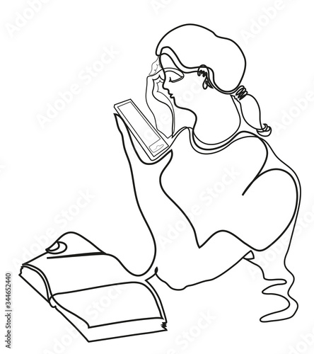 One continuous line drawing of young female student preparing for exams at home with smartphone. Young woman student preparing for learnning at home.