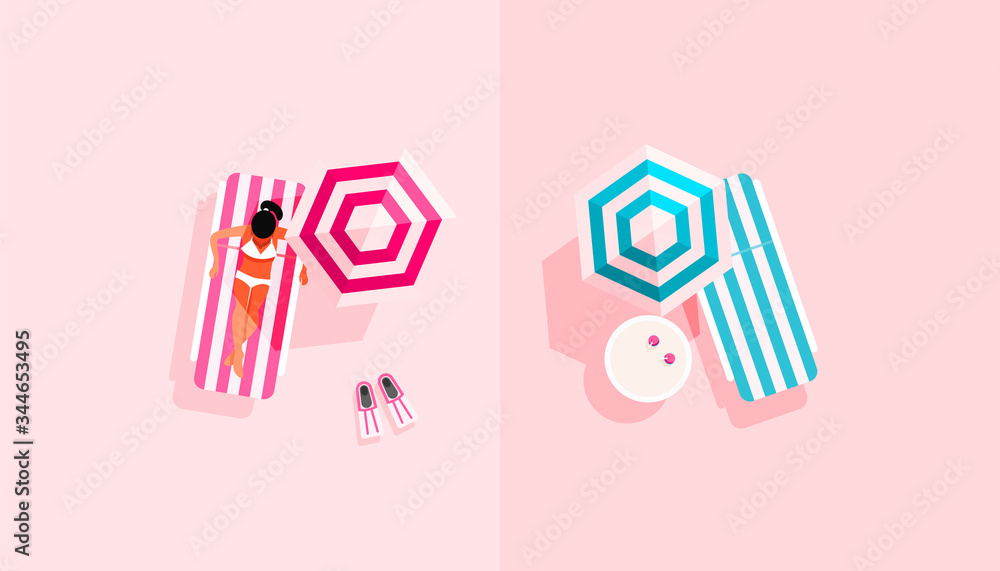 Summer vacation Illustration with a young girl on a deck chair, a parasol and fins for swimming on a delicate pink background, top view, flat lay style