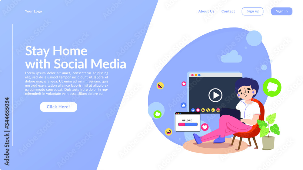 ilustration a boy who is at home just entertaining himself with social media landing page design concept.
