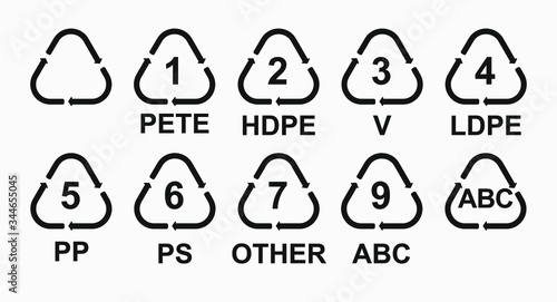 Set of recycling symbol for different types of plastic material. Recycle icon symbol vector. Vector illustration.