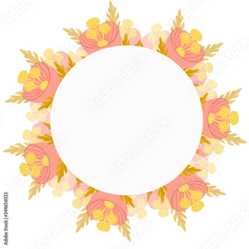 Template for invitation, greeting card. Large pink flowers in a fantasy style. Buds and leaves on a white. Round frame.