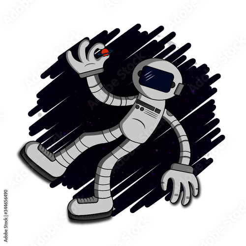Ilustracion vectorial de astronauta sosteniendo un planeta con fondo de pincel.