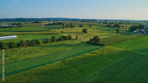 Aerial view of farm lands and corn crop and fields in late afternoon