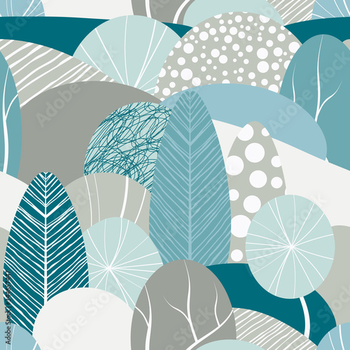 Seamless pattern with plants, leaves, snow forest theme. Hand draw texture, vector template.