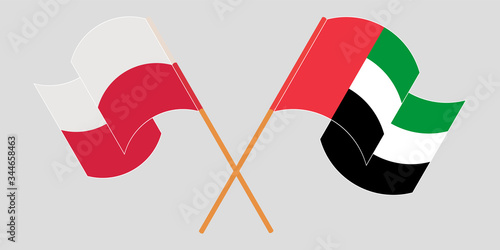 Crossed and waving flags of Poland and the United Arab Emirates