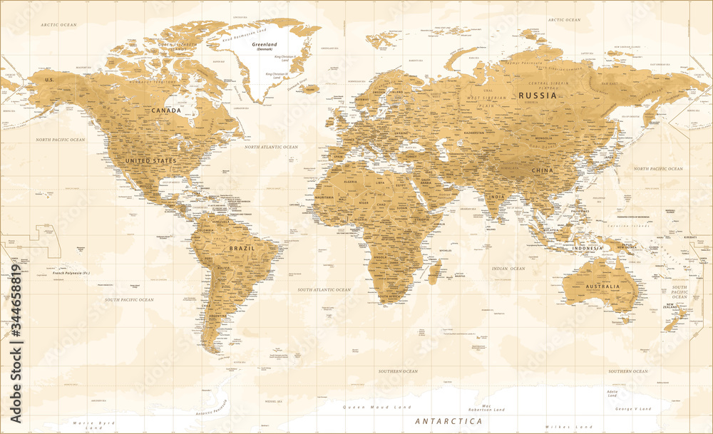 World Map - Golden Vintage Physical Topographic - Vector Detailed Illustration
