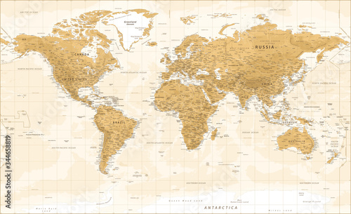 Fototapeta Naklejka Na Ścianę i Meble -  World Map - Golden Vintage Physical Topographic - Vector Detailed Illustration