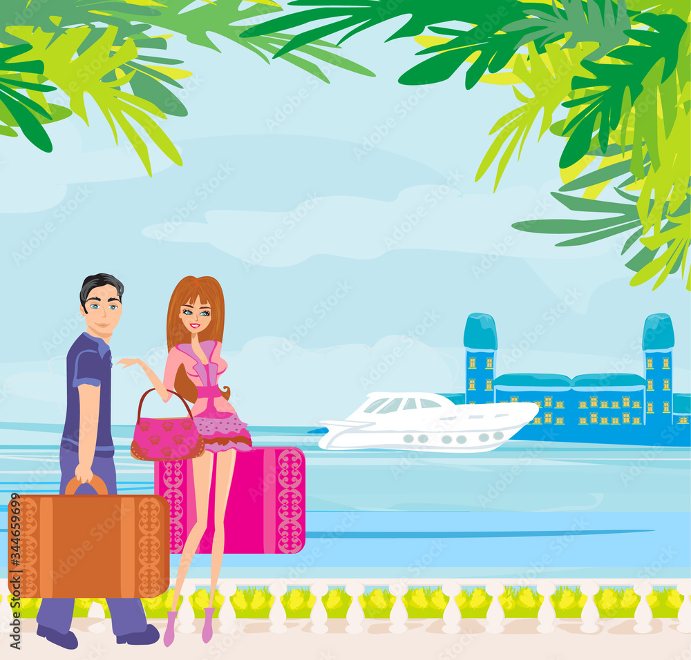 couple of tourists with suitcases on a tropical vacation