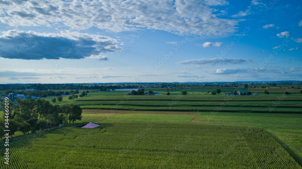 Aerial view of green farmlands and rolling crops growing on a beautiful sky on a sunny countryside