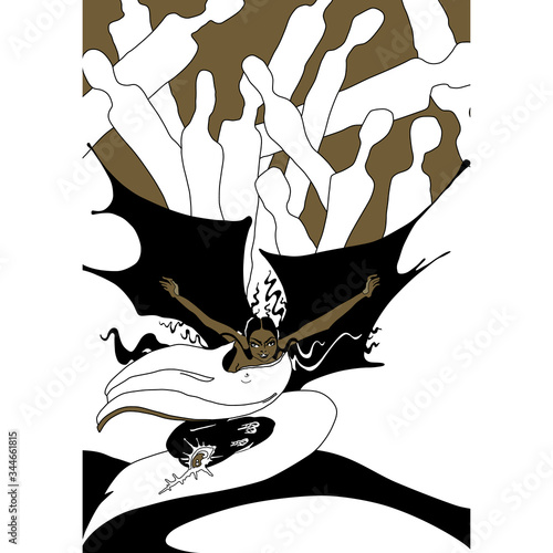 Lilith. Fantastic winged woman flying among male crowd. Dark female archetype. Temptress. Vamp. Original style art.	