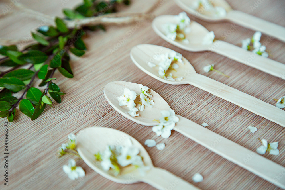 eco-friendly, disposable tableware, without plastic, on a light wooden background