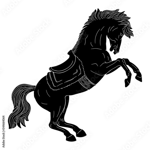 Horse with saddle in vintage style on a white background.