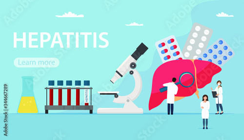 Concept of hepatitis A, B, C, D. Small characters doctors do research. Vector illustration in flat style for website, landing page. World hepatitis Day