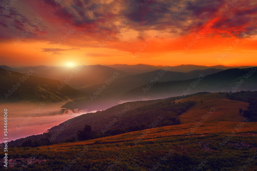 panoramic foggy sunrise image, amazing dawn scenery, awesome morning sunshine landscape, beautiful nature background in the mountains, Ukraine, Europe, Carpathians