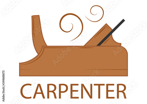Woodworking instrument. Icon of a carpenter. Illustration of a planer. Woodworking logo design, creative carpentry typography emblem. Workshop for service and repair of wooden products