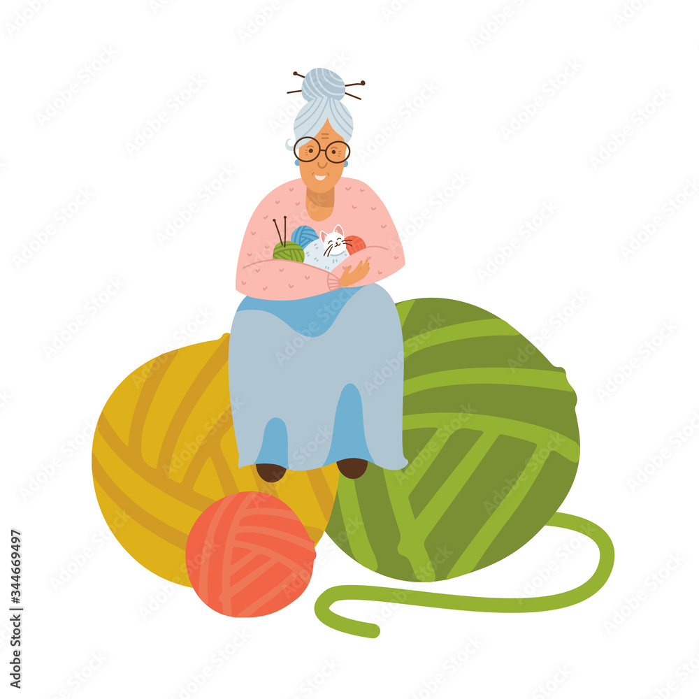 Grandmother kniting. Elderly woman with ball of yarn in hands. Grandma is sitting on huge clews. Funny Cat sits on handles. Vector flat illustration