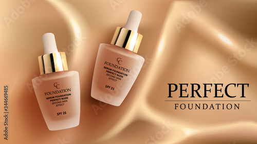 Foundation makeup, advertising design template for catalog with concealer cream glass packaging mock up with liquid foundation on the nude silk background vector illustration.