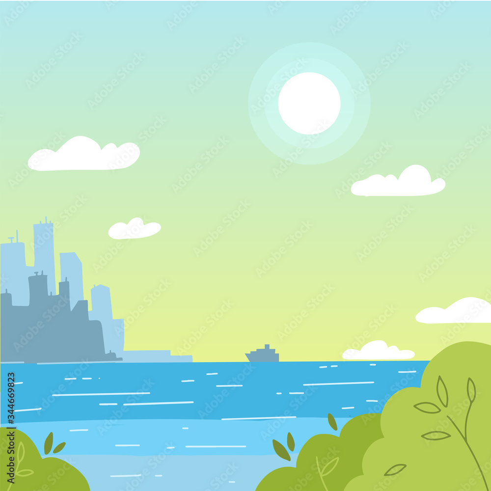 Cityscape view with sea background. City landscape daytime view with skyscraper building silhouettes illustration - flat vector illustration. View from the other side