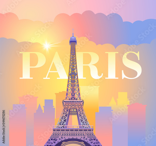 Eiffel Tower in Paris. Evening Paris. Sunny sunset in France against the backdrop of the city. Vector illustration