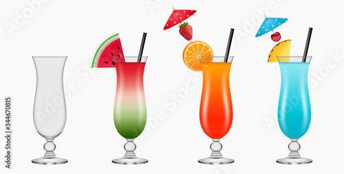 Empty and full cocktail glasses. Colorful cocktails with fruits 