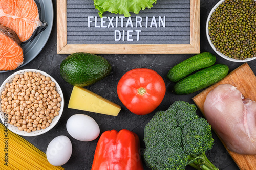 A set of products for a flexible diet. Felt plate with the inscription. Proper nutrition