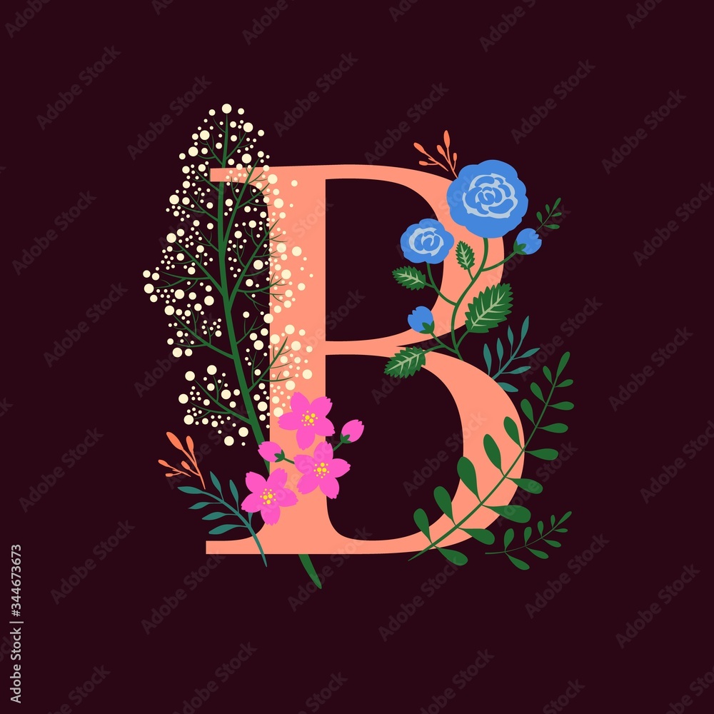 Whimsical floral botanical monogram alphabet - capital B vector