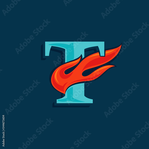 Wallpaper Mural Letter T logo with fast speed fire. Vintage serif font with line shadow. Torontodigital.ca