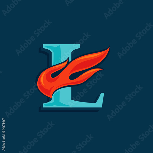 Letter L logo with fast speed fire. Vintage serif font with line shadow.