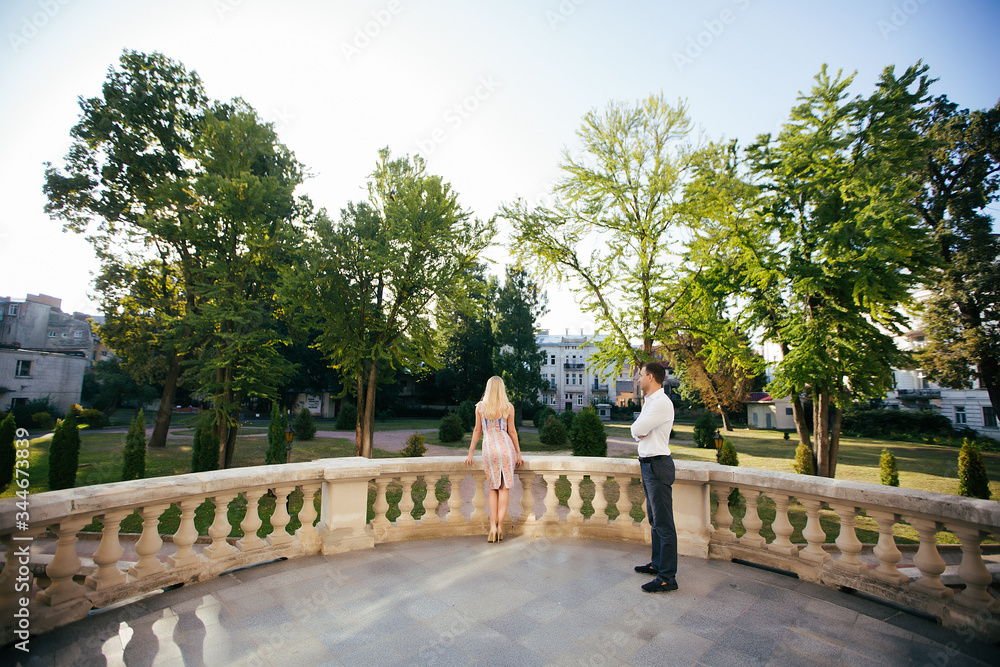 Loving couple walking in the city. Lviv