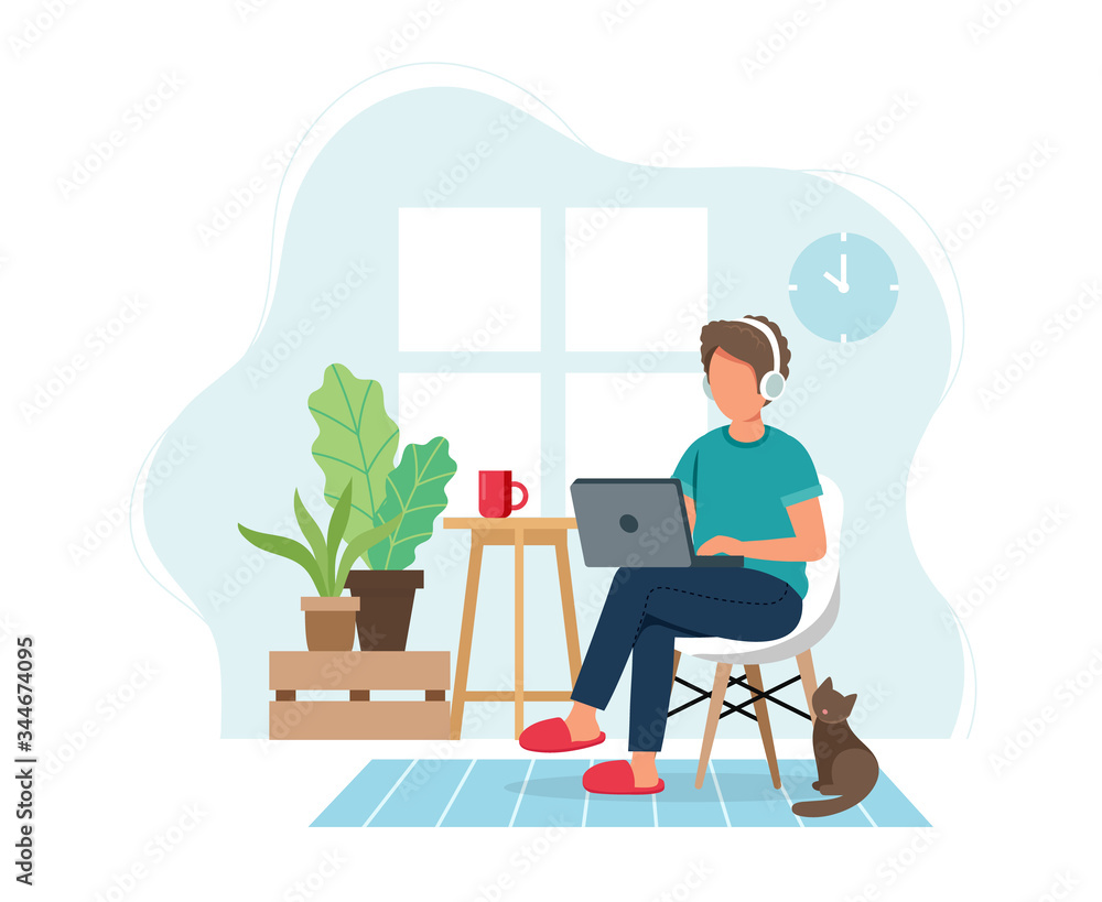 Work from home concept, man working from home sitting on a chair, student or freelancer. Cute vector illustration in flat style