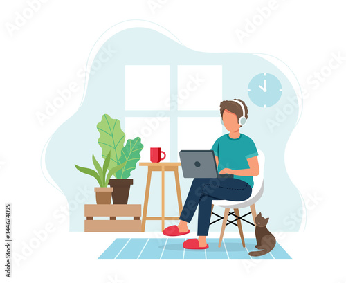 Work from home concept, man working from home sitting on a chair, student or freelancer. Cute vector illustration in flat style
