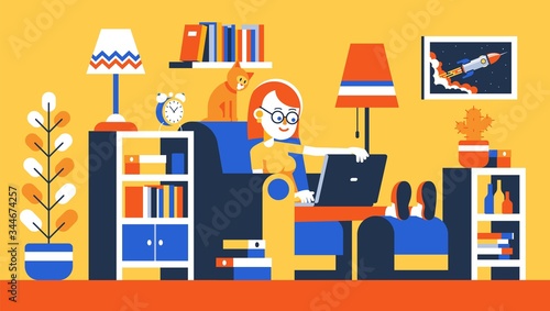 Girl working remotely with laptop on armchair. Woman work home in room interior with Furniture accessories. Vector illustration.