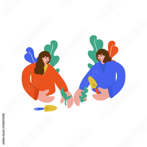 Illustration of a family planting a joint. Freehand drawing illustrating the learning process of plant growing. Family drawing, two sisters spending time together