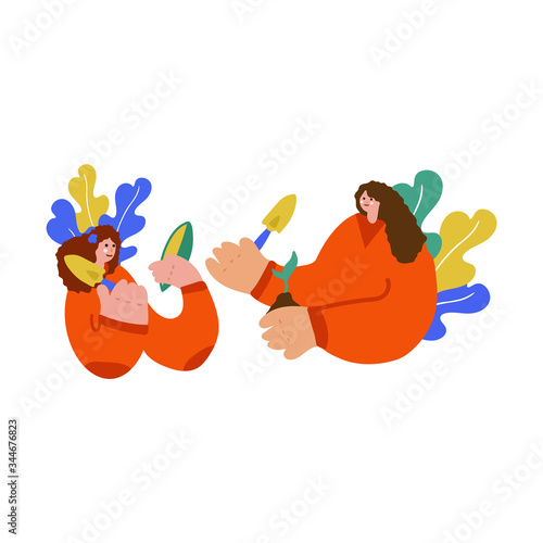 Illustration of a family planting a joint. Freehand drawing illustrating the learning process of plant growing. Family drawing, two sisters spending time together