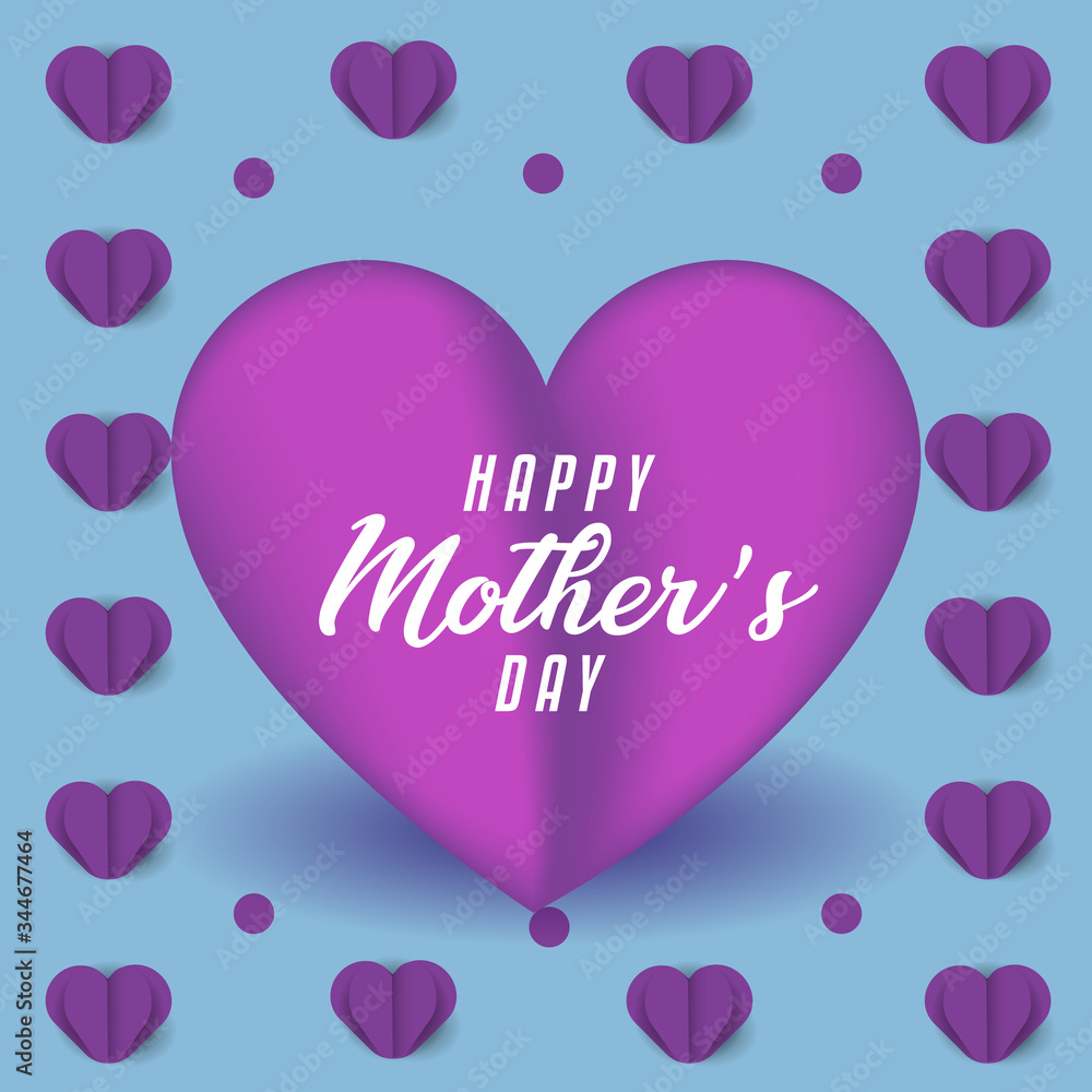 Happy mothers day greeting card with purple love background on blue