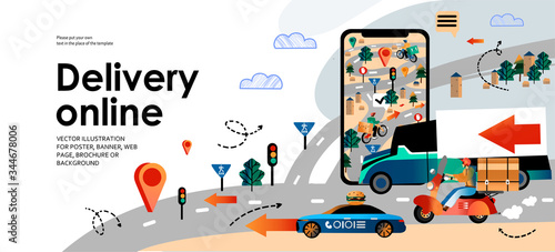 Online delivery of product orders and purchases from the store to home, courier service. Vector abstract illustrations of smartphone, truck, taxi and map for poster or web page.
